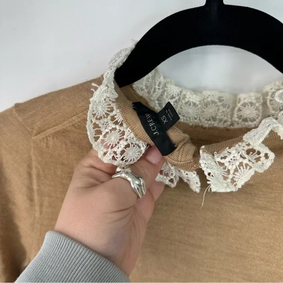 J. Crew Merino Wool Camel Tan Old Money Sweater with Lace Collar - Picture 3 of 4